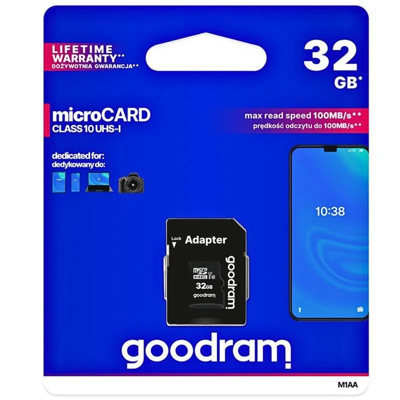 Φωτογραφία προϊόντος: Κάρτα μνήμης Micro SDHC C10 UHS-1 U1 GoodRam 100MB/s 32Gb + 1 ADP