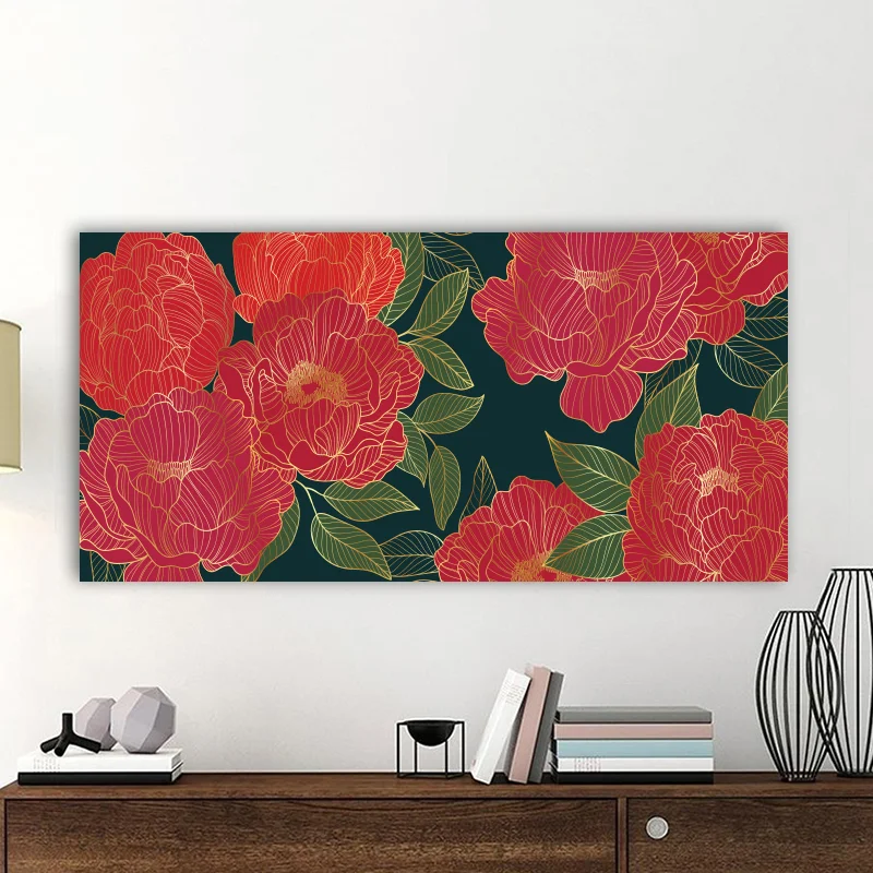Φωτογραφία προϊόντος: Πίνακας σε καμβά Red flowers with gold lines πανοραμικός