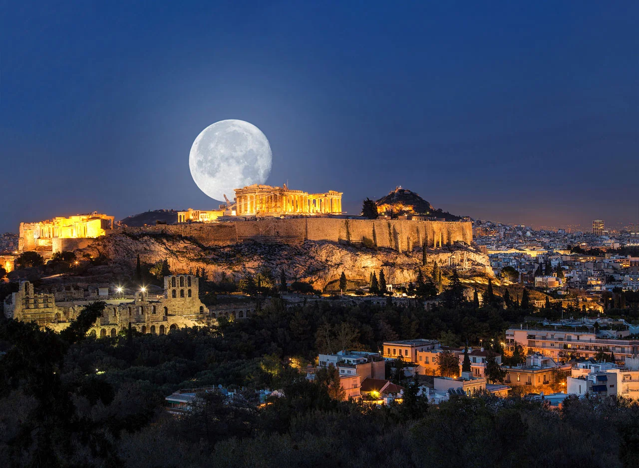 Φωτογραφία προϊόντος: Πίνακας σε καμβά Αθηνά Ακρόπολη με πανσέληνο