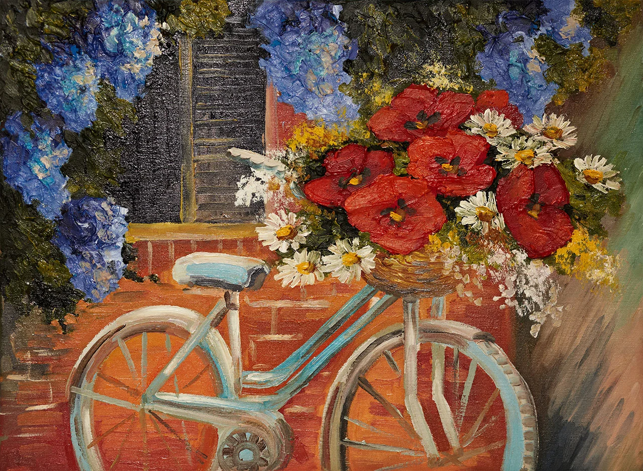Φωτογραφία προϊόντος: Πίνακας ζωγραφικής Flowers with bike αντίγραφο σε καμβά