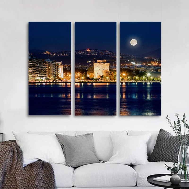 Φωτογραφία προϊόντος: Πίνακας σε καμβά Thessaloniki full moon τρίπτυχος