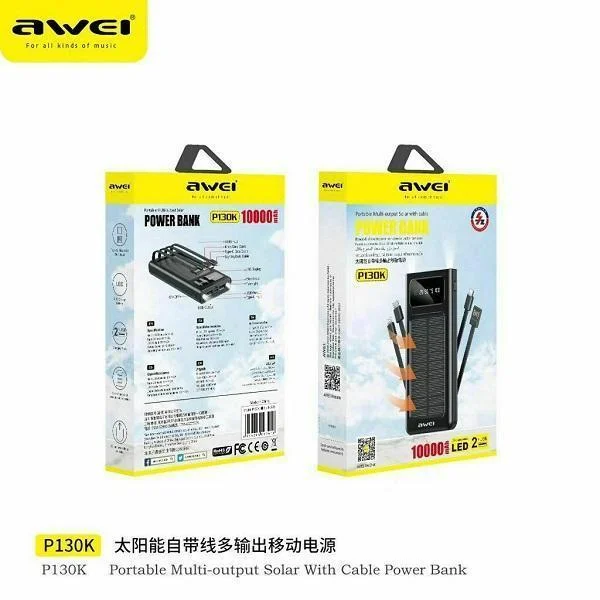 Φωτογραφία προϊόντος: OEM Awei P130K Ηλιακό Power Bank 10000mAh με 2 Θύρες USB-A και Θύρα USB-C Quick Charge 3.0 Μαύρο