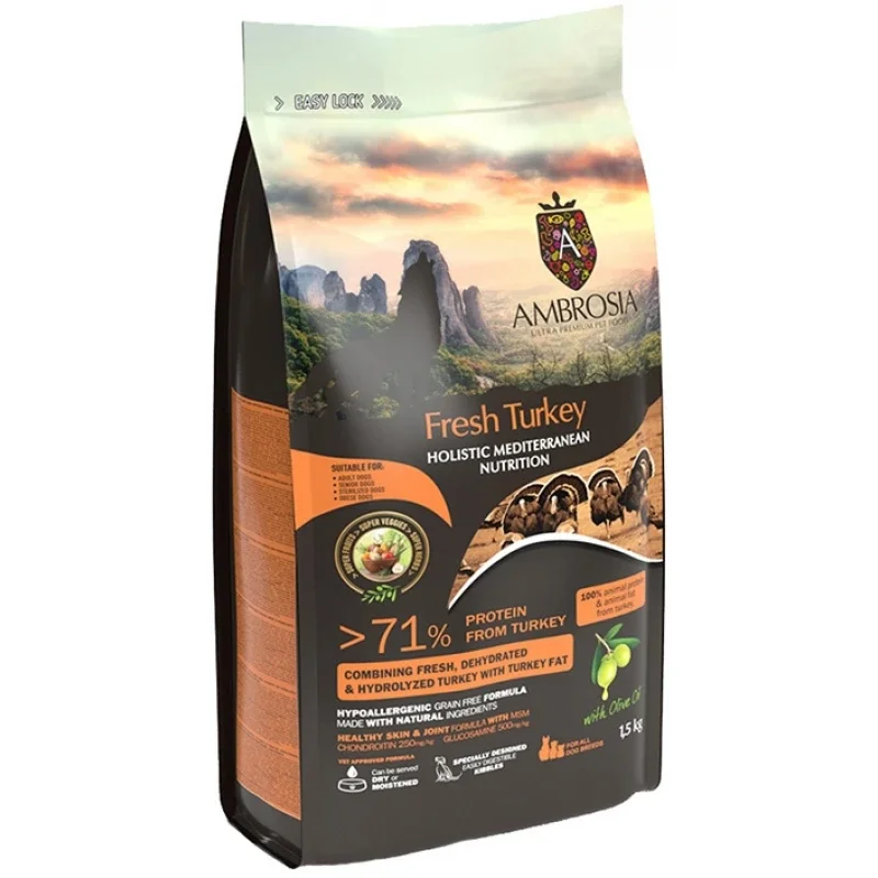 Φωτογραφία προϊόντος: Ambrosia Mediterranean Grain Free Dog Senior Light + Sterilized Fresh Turkey 1,5kg