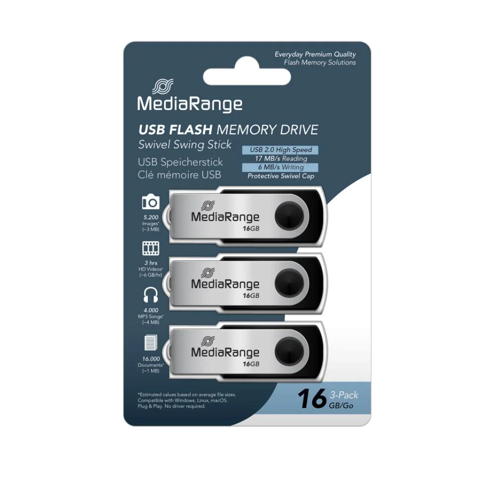 Φωτογραφία προϊόντος: MR SSD & USB FLASH DRIVES & MEMORY CARDS MediaRange USB flash drives, 16GB, Pack 3 (MR910-3)