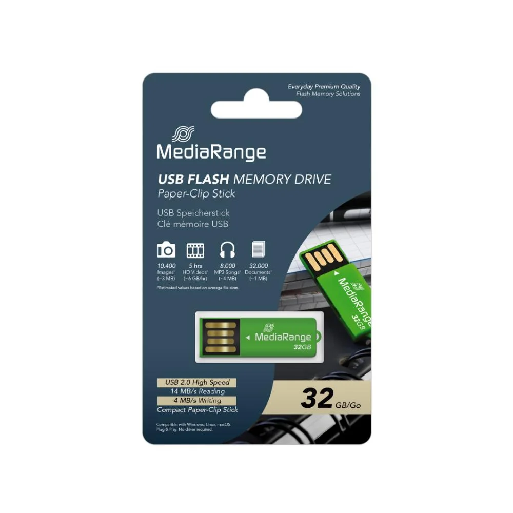 Φωτογραφία προϊόντος: MR SSD & USB FLASH DRIVES & MEMORY CARDS MediaRange USB 2.0 Nano Flash Drive Paper-clip stick 32GB (Green) (MR977)