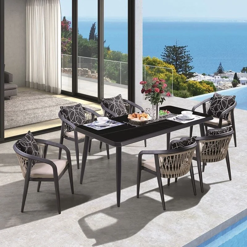 Φωτογραφία προϊόντος: JARDIN Τραπεζαρία ALU Ανθρακί, HPL Μαύρο, Rope Μπεζ: Τραπέζι + 6 Πολυθρόνες με Μαξιλάρια