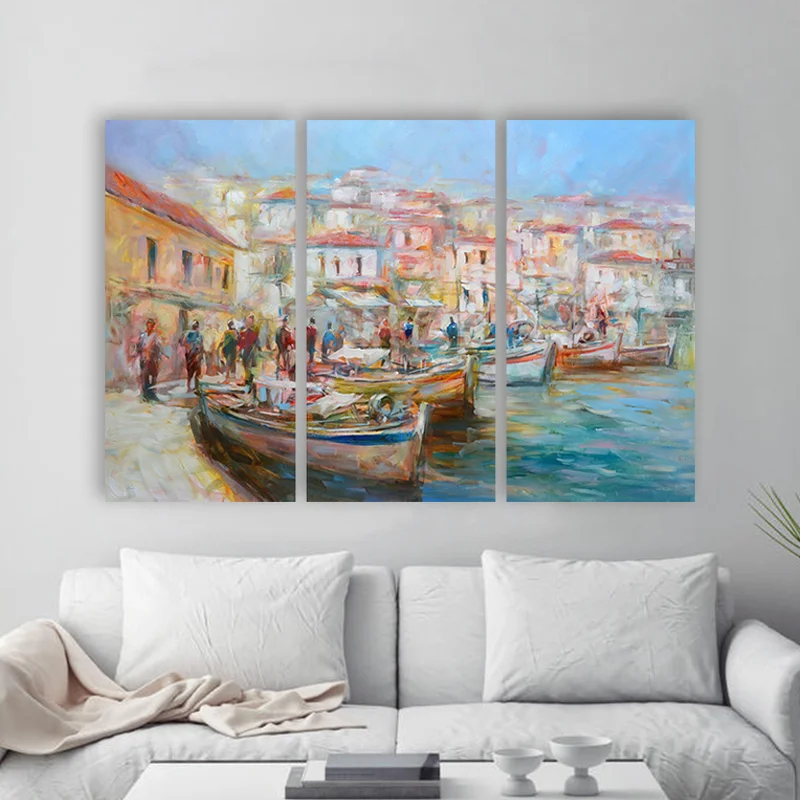 Φωτογραφία προϊόντος: Πίνακας σε καμβά Boats on the harbor τρίπτυχος