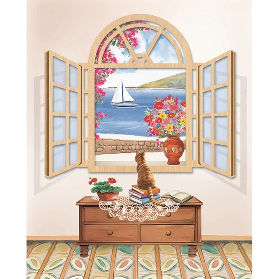 Φωτογραφία προϊόντος: HWM107 Fun Creations Ευχετήρια κάρτα χωρίς μήνυμα με ξύλινο διακοσμητικό στοιχείο Παράθυρο με θέα στη θάλασσα