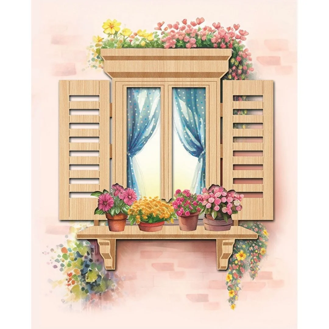 Φωτογραφία προϊόντος: HWM108 Fun Creations Ευχετήρια κάρτα χωρίς μήνυμα με ξύλινο διακοσμητικό στοιχείο Παράθυρο με λουλούδια