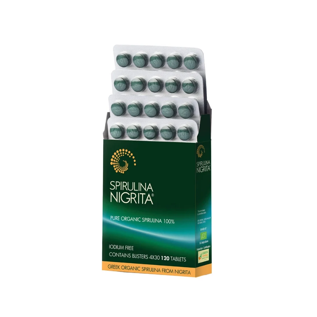 Φωτογραφία προϊόντος: Spirulina Nigrita - Ελληνική Βιολογική Σπιρουλίνα Βιολογική Σπιρουλίνα • Spirulina Nigrita • 120 Δισκία • 48γρ