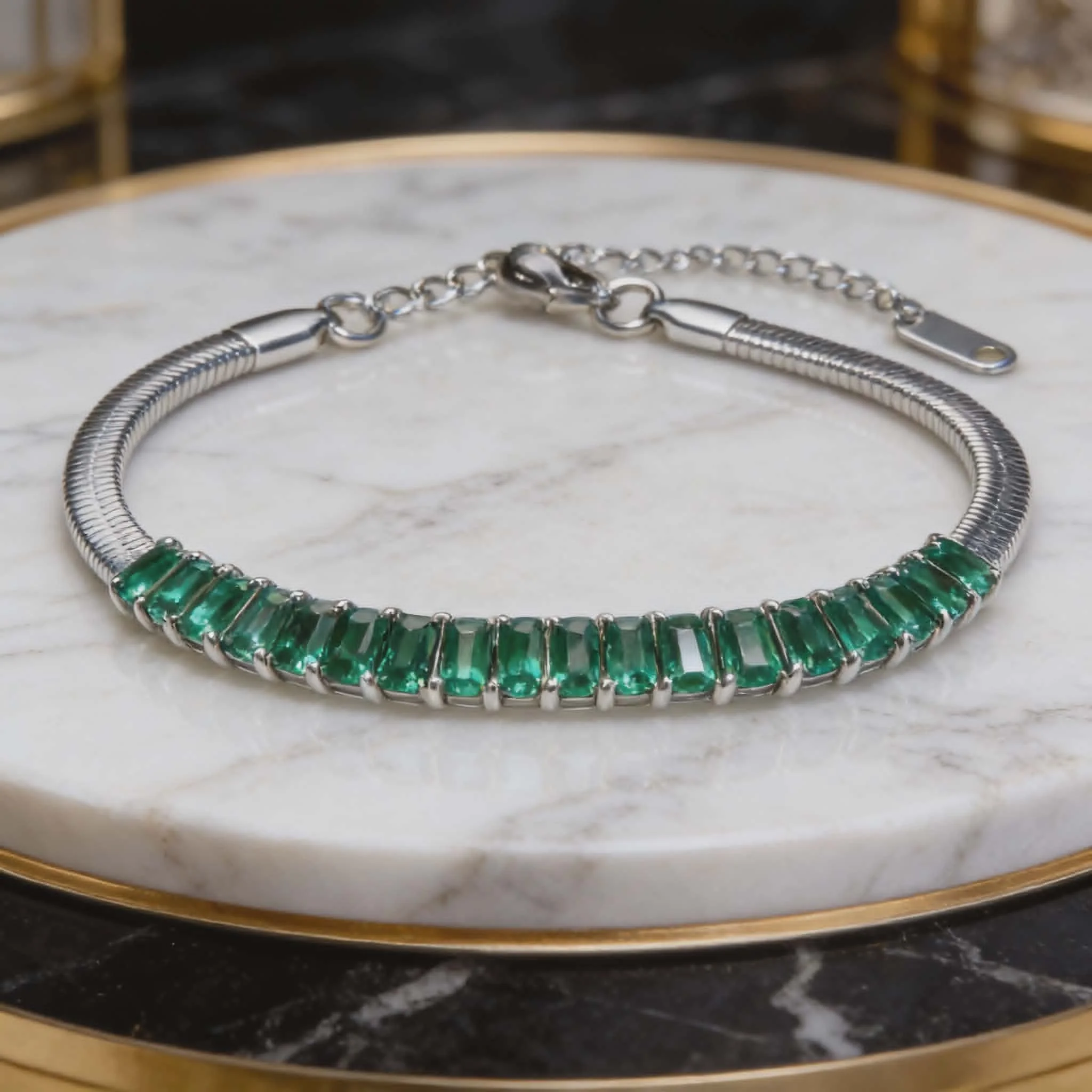 Φωτογραφία προϊόντος: OEM Green Baguette Crystal Bracelet Silver Stainless Steel