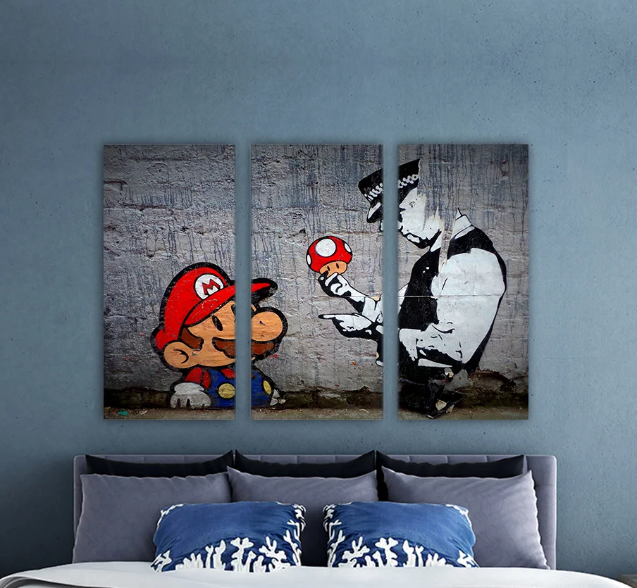 Φωτογραφία προϊόντος: Πίνακας σε καμβά Mario mushrooms Banksy τρίπτυχος