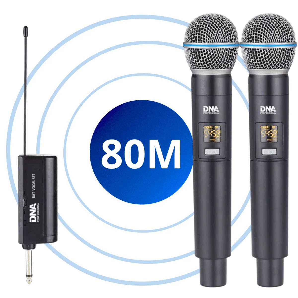 Φωτογραφία προϊόντος: DNA BAT DUAL VOCAL SET wireless system battery-powered 2x handheld microphone receiver UHF 518-542 MHz anti-roll ring 6.35 mm jack - 3.5 mm jack adapter 2x windscreen