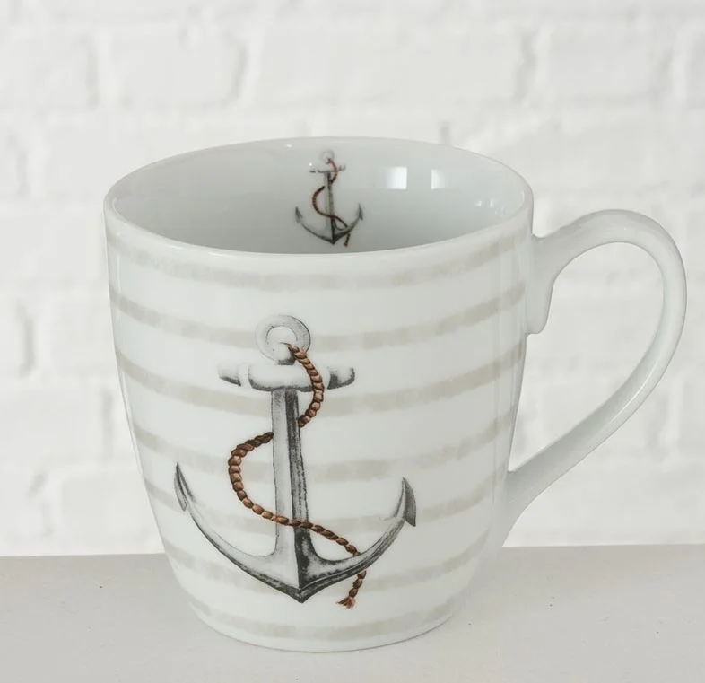 Φωτογραφία προϊόντος: Χειροποίητη μεγάλη καλοκαιρινή ναυτική κούπα με άγκυρα 420ml λευκή γκρι πορσελάνη