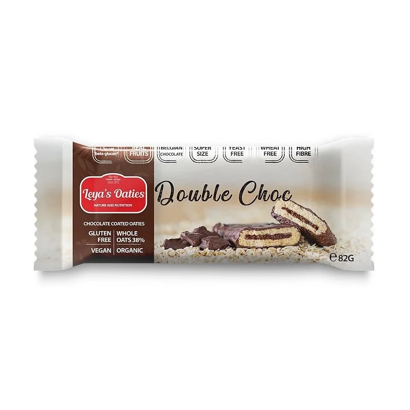 Φωτογραφία προϊόντος: Leya's cookies Leya's Oaties ωμή vegan μπάρα βρώμης με επικάλυψη σοκολάτας double choc χ/γλουτένη bio 82g