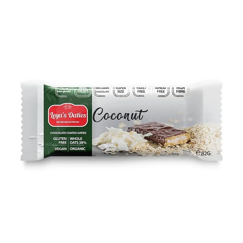 Φωτογραφία προϊόντος: Leya's cookies Leya's Oaties ωμή vegan μπάρα βρώμης με επικάλυψη σοκολάτας και καρύδα χ/ γλουτένη bio 82g