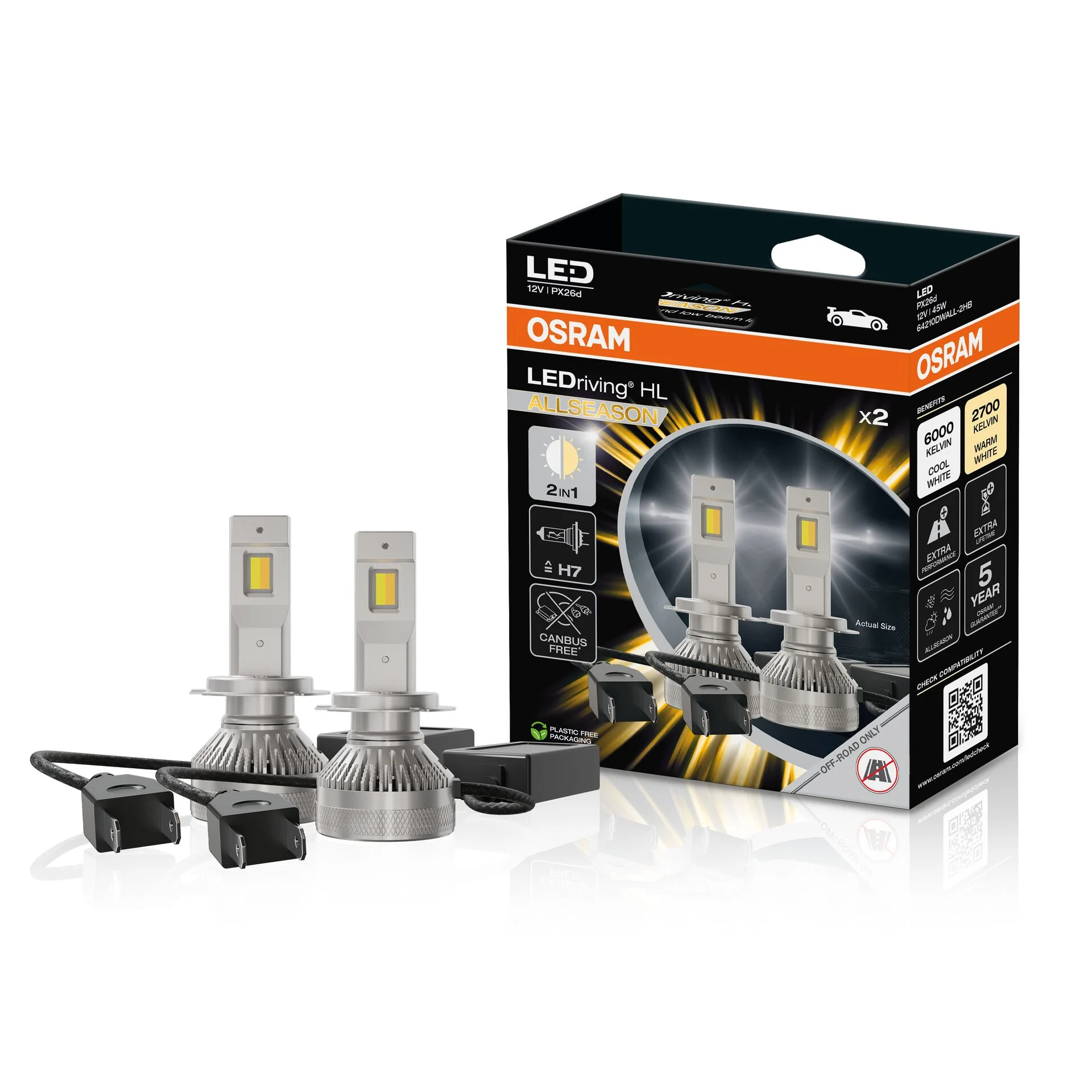 Φωτογραφία προϊόντος: Λάμπες LED H7 OSRAM LEDriving HL Allseason 2-in-1 (6000K & 2700K) 45W με Ενσωματωμένο Canbus - 2 Τεμάχια