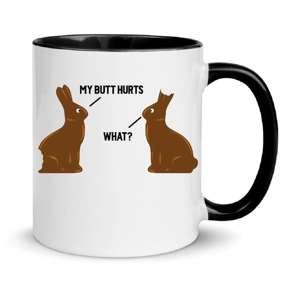 Φωτογραφία προϊόντος: Αστεία χιουμοριστική Πασχαλινή Κούπα Πορσελάνης 330ml my butt hurts what? no33 με λαγουδάκια