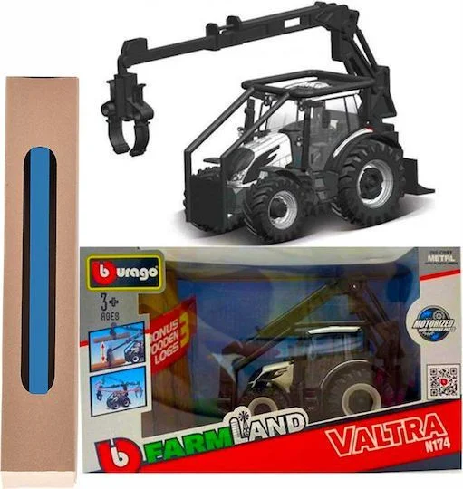 Φωτογραφία προϊόντος: Bburago Valtra N174 τρακτέρ Official 1:32 μεταλλικό ασπρόμαυρο με κίνηση,φορτωτή και κορμούς Δέντρων