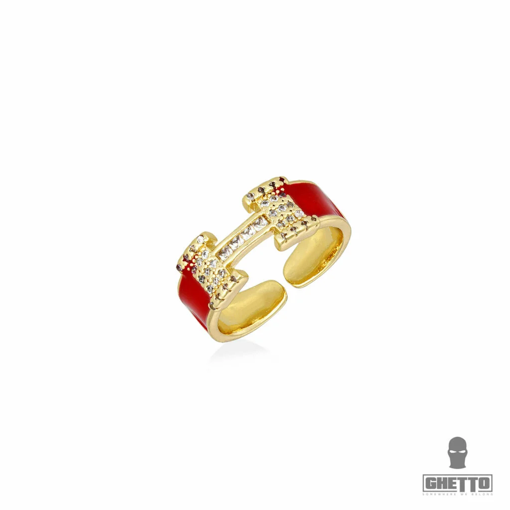 Φωτογραφία προϊόντος: Ghetto H Letter Shaped CZ 18k Gold/Red Adjustable Ring