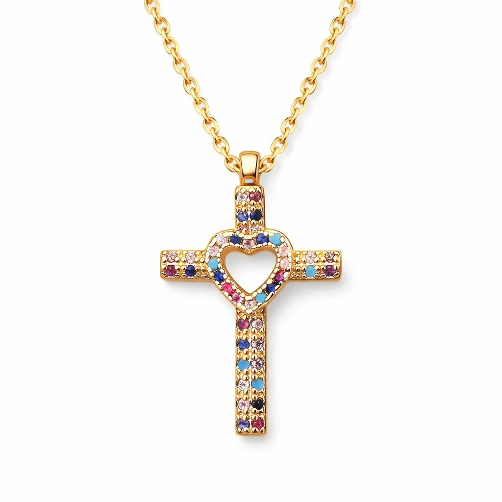 Φωτογραφία προϊόντος: Ghetto Colourful CZ Cross 18k Pendant Necklace Full Diamond Hollow Heart