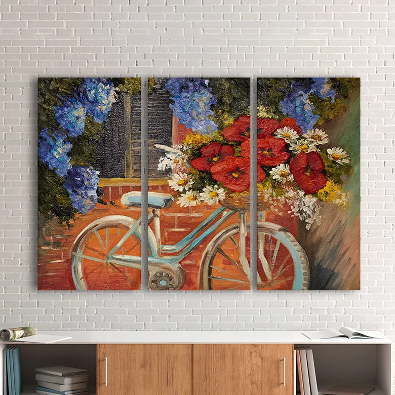 Φωτογραφία προϊόντος: Πίνακας σε καμβά Flowers with bike τρίπτυχος