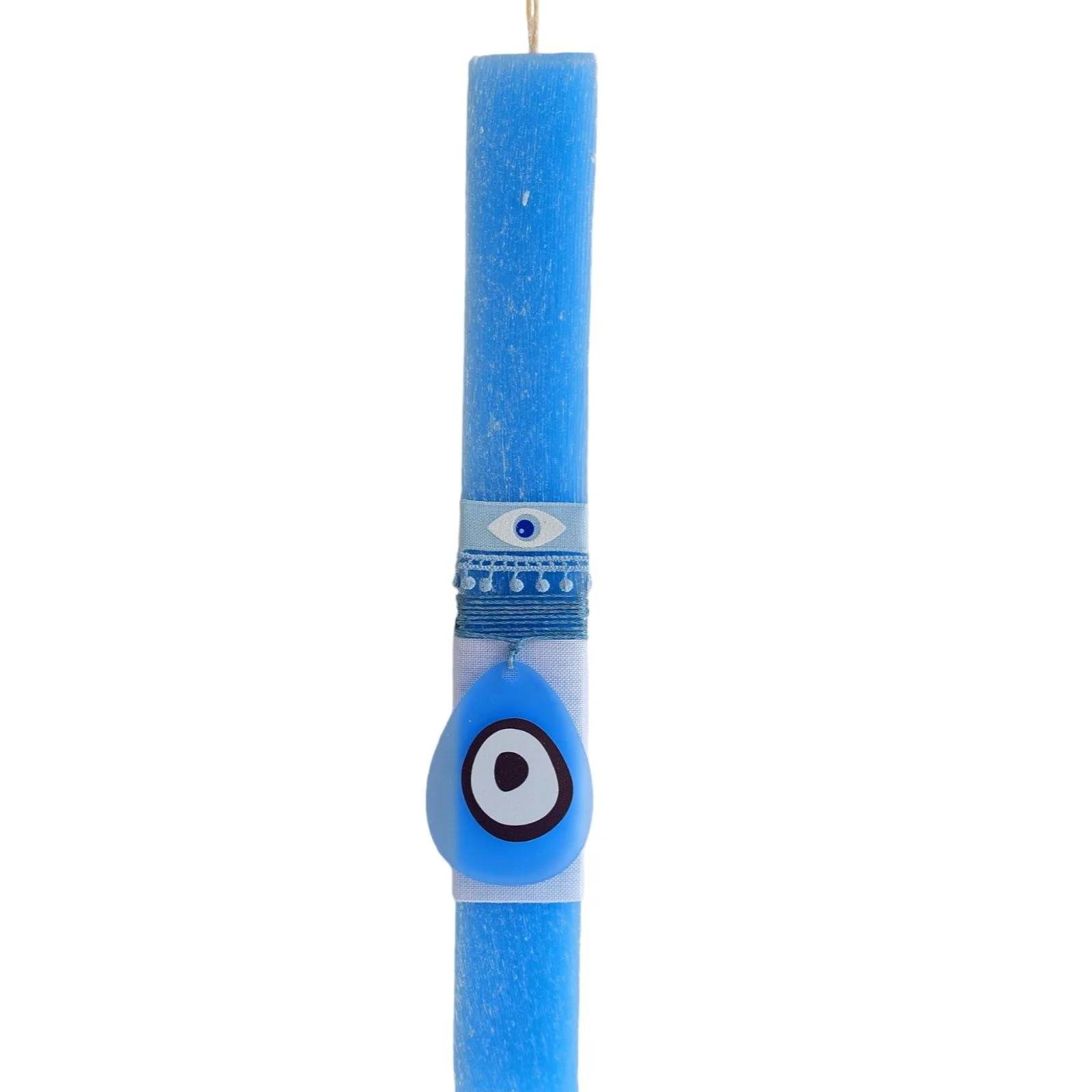 Φωτογραφία προϊόντος: Χειροποίητη αρωματική λαμπάδα μπλε με διακοσμητικό γούρι ματάκι για προστασία