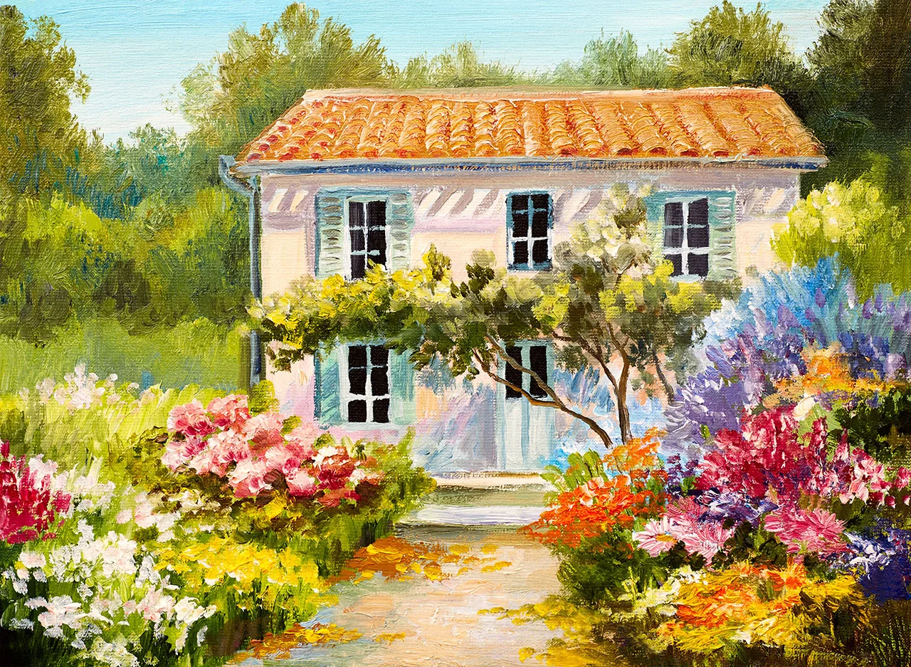 Φωτογραφία προϊόντος: Πίνακας ζωγραφικής House with beautiful garden αντίγραφο σε καμβά
