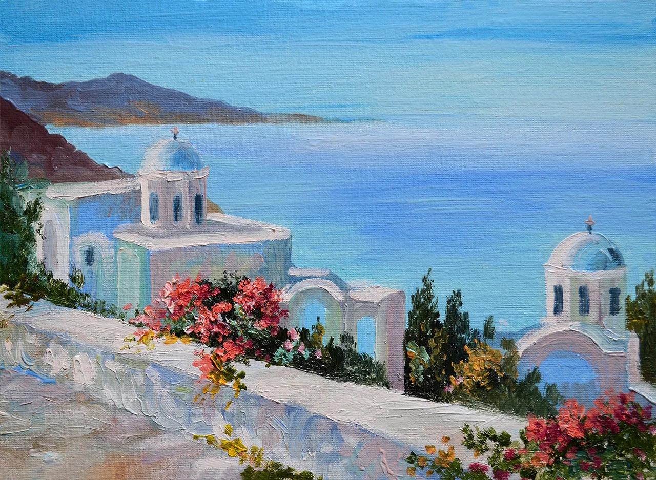 Φωτογραφία προϊόντος: Πίνακας ζωγραφικής σε καμβά Σπίτι με θέα Σαντορίνη
