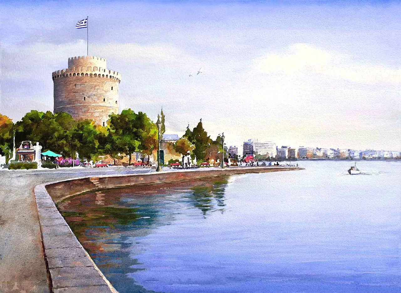 Φωτογραφία προϊόντος: Πίνακας σε καμβά Παραλία Θεσσαλονίκης watercolor