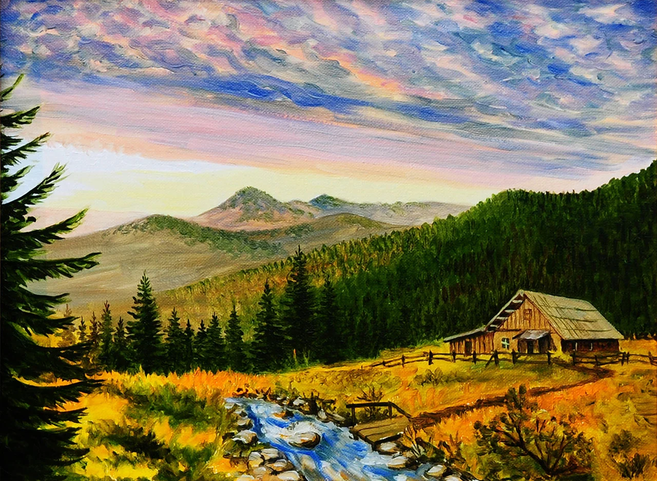 Φωτογραφία προϊόντος: Πίνακας ζωγραφικής Mountain house landscape river αντίγραφο σε καμβά