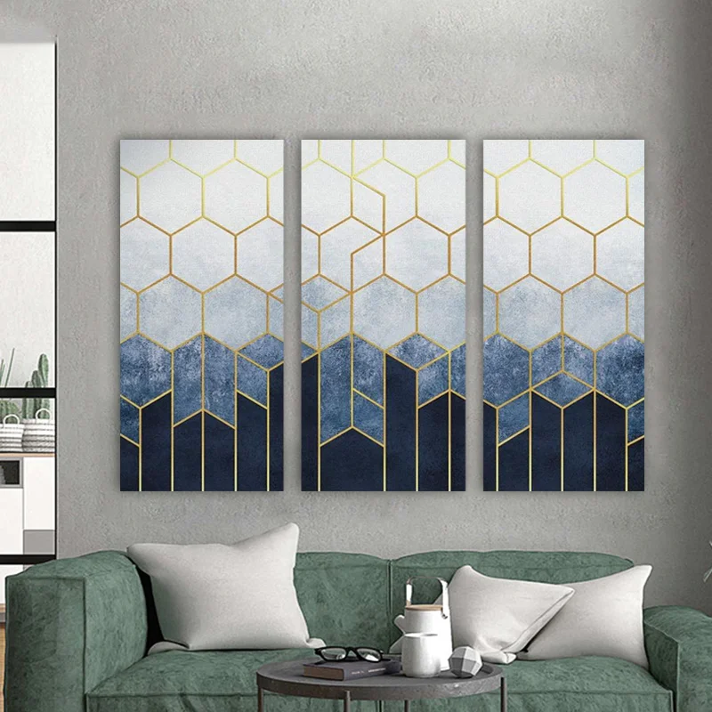 Φωτογραφία προϊόντος: Πίνακας σε καμβά Geometric hexagons blue τρίπτυχος
