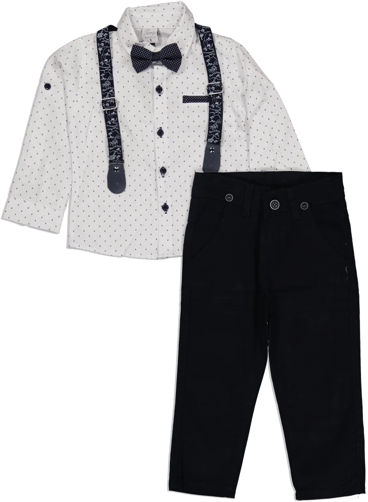 Φωτογραφία προϊόντος: TERY Boy Luxury Suits Επίσημο σετ εξόδου για αγόρι Πουκάμισο, Τιράντες με σχέδια, Παπιγιόν ( σκούρο μπλε - λευκό)