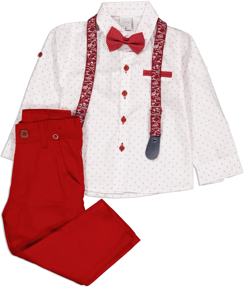 Φωτογραφία προϊόντος: TERY Boy Luxury Suits Παιδικό σετ εξόδου για αγόρι Πουκάμισο, Τιράντες με σχέδια, Παπιγιόν ( μπορντώ - λευκό)
