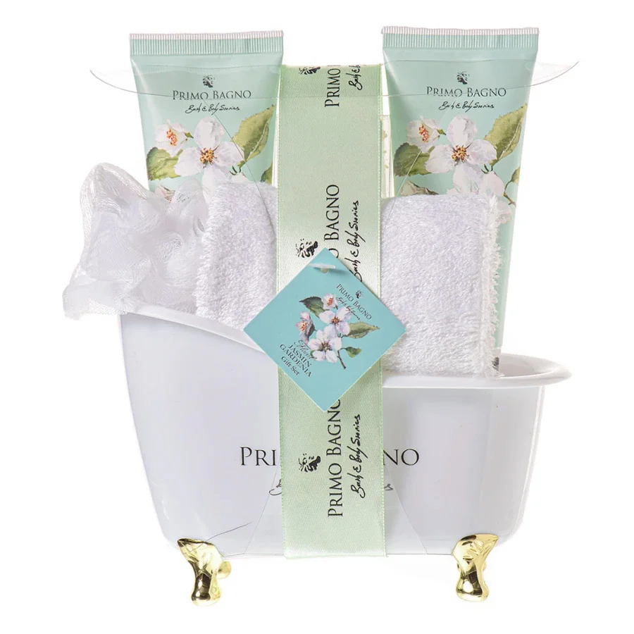 Φωτογραφία προϊόντος: PRIMO BAGNO Γιασεμί & Γαρδένια σετ, Αφρόλουτρο 100ml, Γαλάκτωμα σώματος 100ml, Aλατα 100γρ, Σφουγγάρι, Πετσέτα