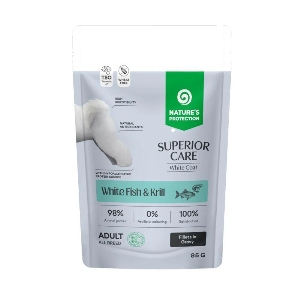 Φωτογραφία προϊόντος: Nature's Protection Nature’s Protection Superior Care Grain Free Υγρή Τροφή με Λευκό Ψάρι + Krill για Ενήλικους Σκύλους με Λευκό Τρίχωμα 85gr