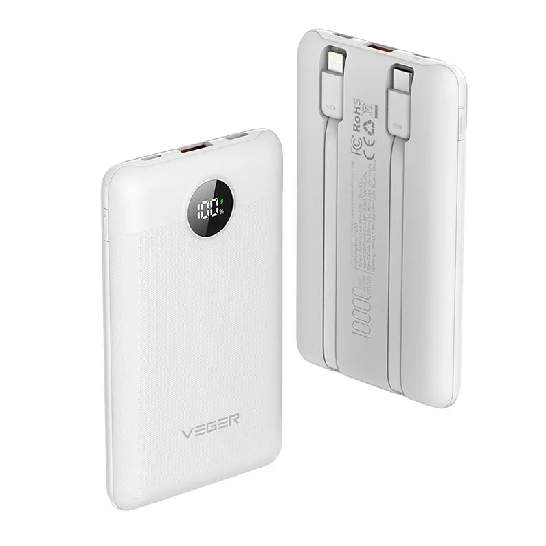 Φωτογραφία προϊόντος: VEGER C11 Powerbank 10.000mAh 22.5W με Ψηφιακή Οθόνη και Ενσωματωμένα Καλώδια (Λευκό)