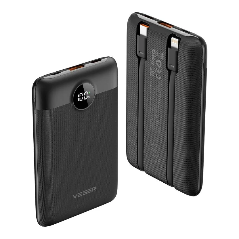 Φωτογραφία προϊόντος: VEGER C11 Powerbank 10.000mAh 22.5W με Ψηφιακή Οθόνη και Ενσωματωμένα Καλώδια (Μαύρο)