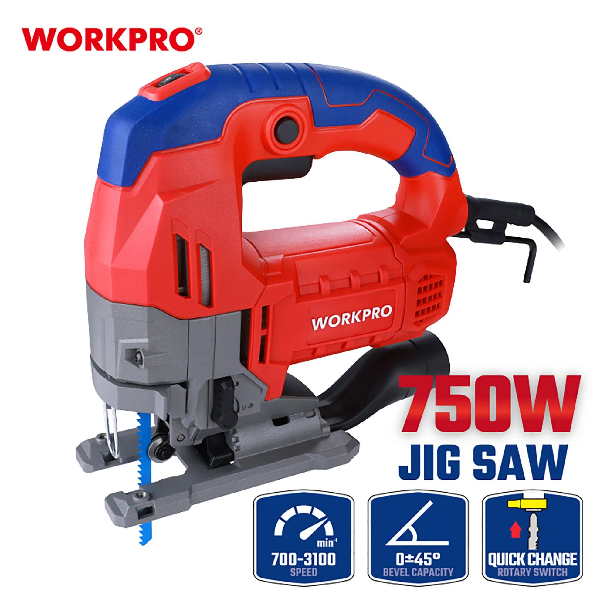 Φωτογραφία προϊόντος: Workpro Σέγα Ηλεκτρική 750W (Profi) - Ρυθμιζόμενη, 3 Ρυθμίσεις Ταλάντωσης, Κοπή σε Ξύλο 135mm