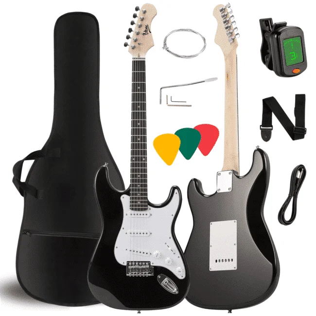 Φωτογραφία προϊόντος: V-TONE EG 39 BK electric guitar 4/4 stratocaster 39” SSS cover strap jack-jack cable tuner picks strings tremolo arm hex keys set