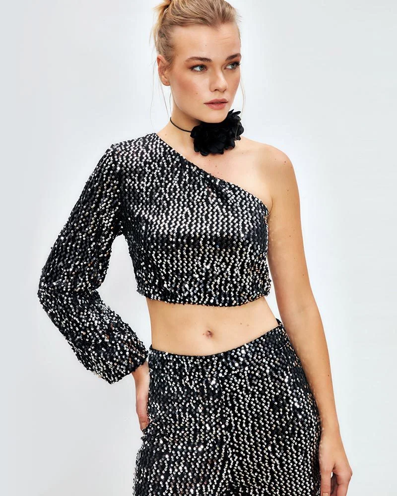 Φωτογραφία προϊόντος: SOU Aurora γυναικείο crop top με έναν ώμο από παγιέτες γκρι 100% πολυεστερ
