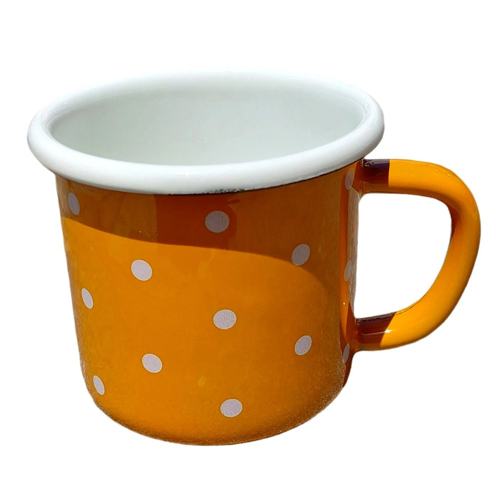 Φωτογραφία προϊόντος: Κούπα γνήσια εμαγιέ 10x9cm κίτρινο πουά 350ml μπαίνει στο πλυντήριο