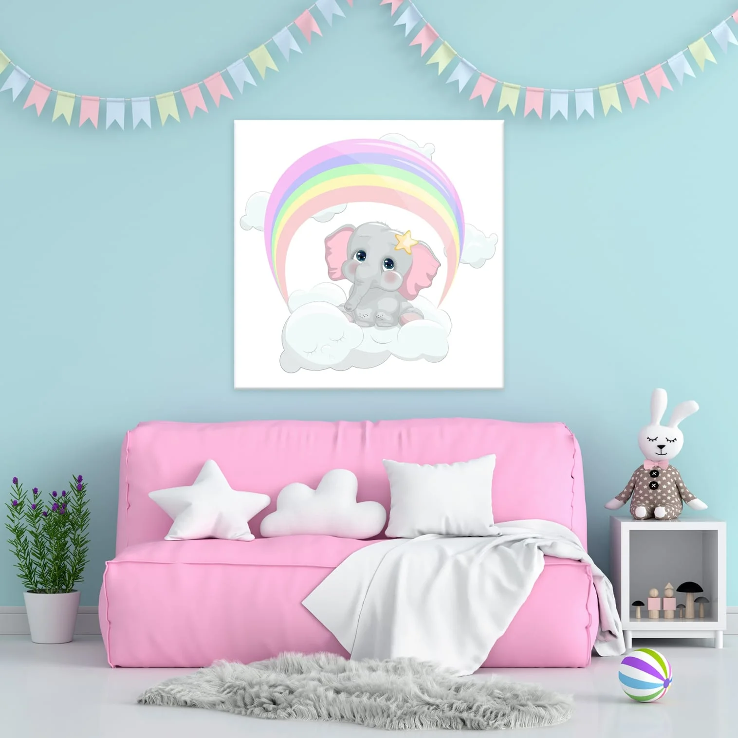 Φωτογραφία προϊόντος: Πίνακας Σε Καμβά - Baby Elephant In Rainbow Cloud
