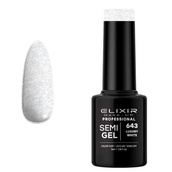 Φωτογραφία προϊόντος: Elixir Professional Semi Gel Ημιμόνιμο Βερνίκι Νυχιών 643 Luxury White Λευκό Γκλίτερ 5ml