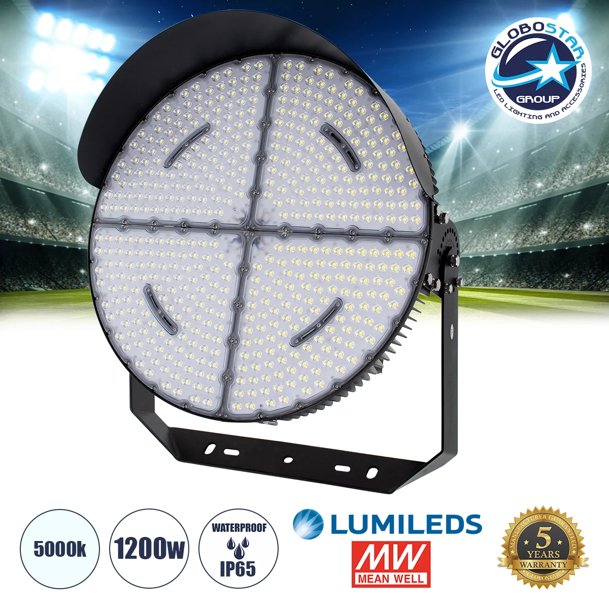 Φωτογραφία προϊόντος: GloboStar® CYCLOP 90108 LED Προβολέας Γηπέδου 1200W 192000LM 60° AC 100-277V IP65 - Ψυχρό Λευκό 5000K - MeanWell Driver + LumiLEDs Chip - 5 Years Warranty