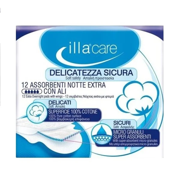 Φωτογραφία προϊόντος: illacare Illa Care Notte Extra - Σερβιέτες Νύχτας με Φτερά 12τμχ
