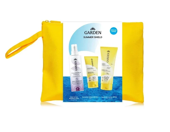 Φωτογραφία προϊόντος: Garden Summer Shield Bag – Αντηλιακά SPF50 Προσώπου & Σώματος 75ml +25ml, Εντομοαπωθητικό 100ml & Δώρο Νεσεσέρ