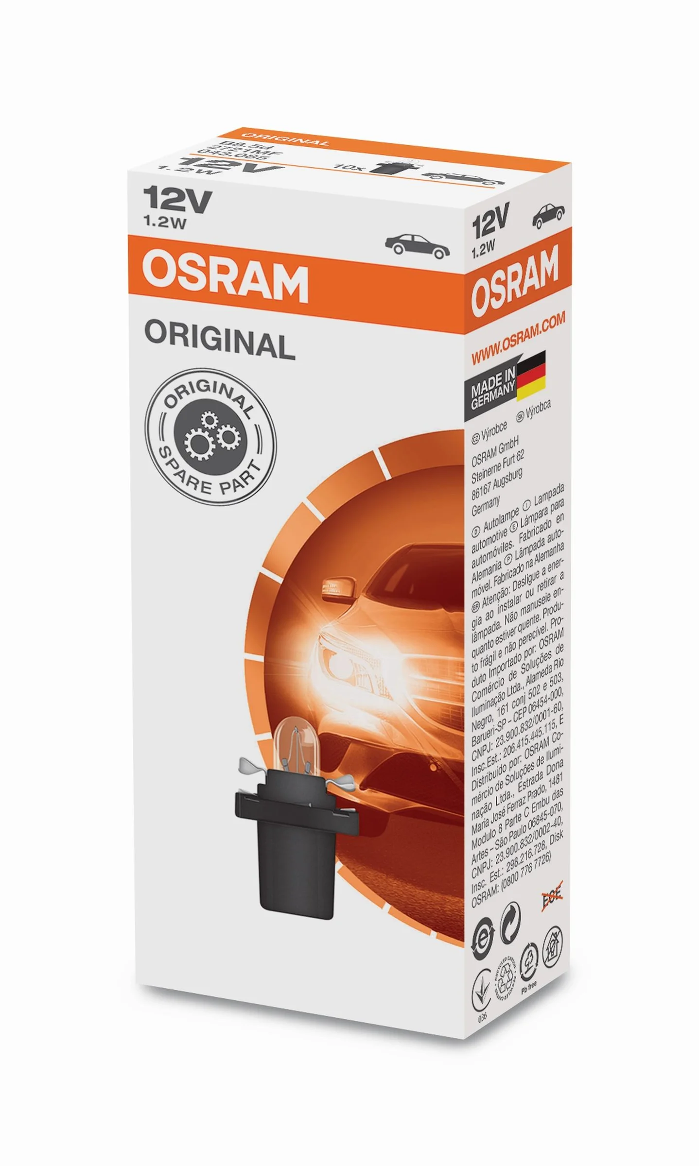 Φωτογραφία προϊόντος: OSRAM B8.4d Original Line OSRAM 12V 1.2W 2351MFX6 10 τεμαχια