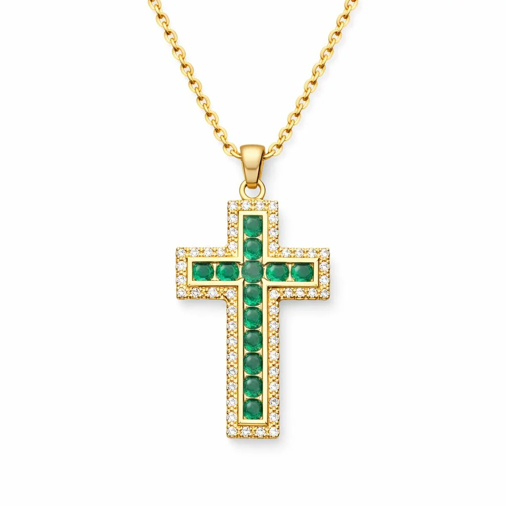 Φωτογραφία προϊόντος: Ghetto CZ Green Cross Pendant Necklace Gold18k Plated