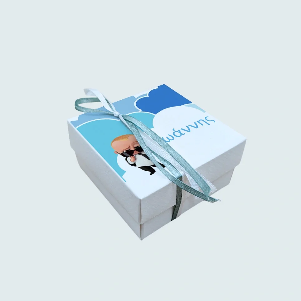 Φωτογραφία προϊόντος: Ecobags Μπομπονιέρα Βάπτισης Κουτάκι με Εκτύπωση και Κουφέτα Χατζηγιαννάκης Θέμα Baby Boss με Γυαλιά Ηλίου
